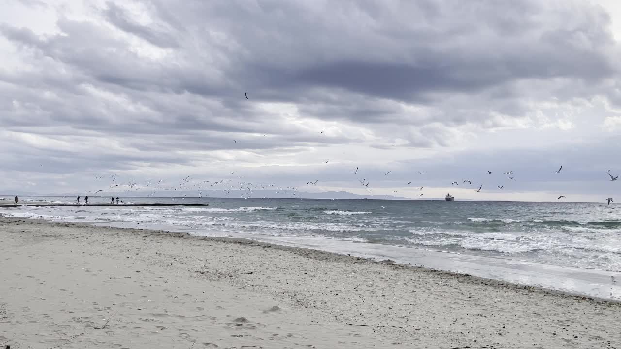 冬季海滩上的海浪和伊斯坦布尔马尔马拉海多云的天气。视频素材