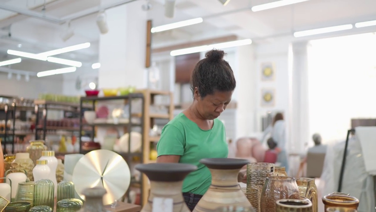 在一家装饰店，女店员在检查产品视频素材