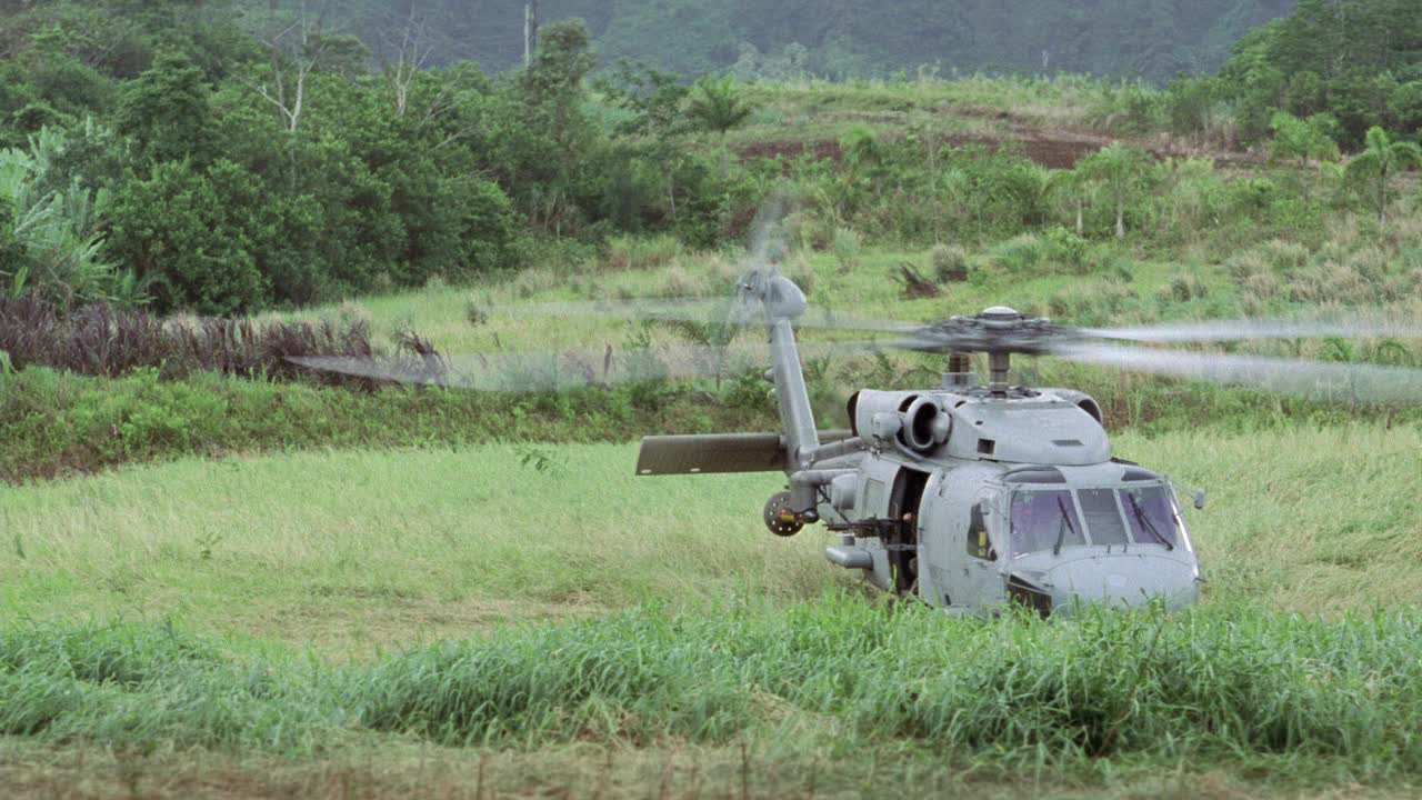 美国军用直升机sh-60b“海鹰”在草地上的广角拍摄。热带植物。伙计，枪手在门口。视频素材