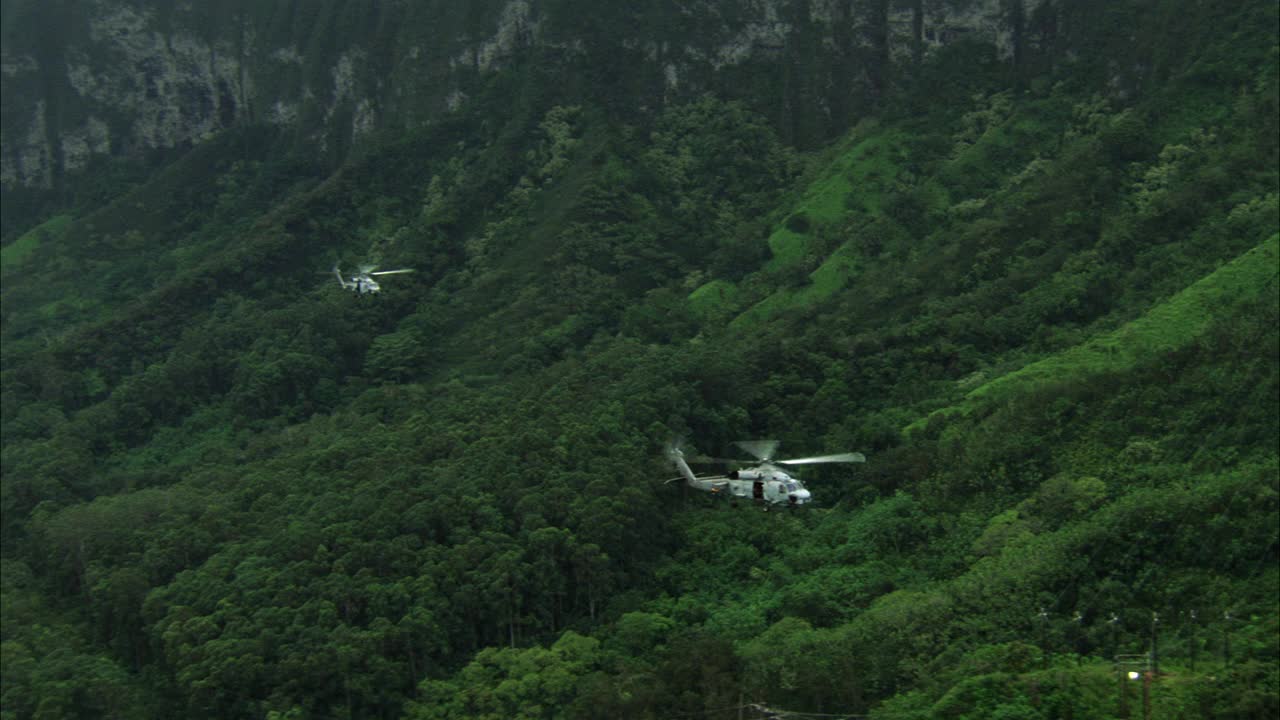 两架美国军用sh-60b海鹰直升机在夏威夷的热带山脉上空飞行。热带雨林。叶。可能是越南，南美或菲律宾。KOOLAU范围。视频素材