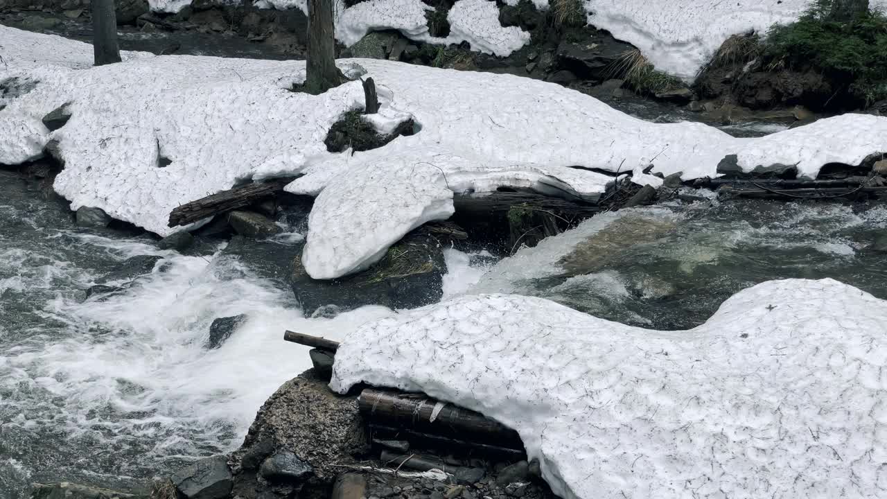 冬季森林小瀑布的水纹理。河水湍急，岩石潮湿。视频素材