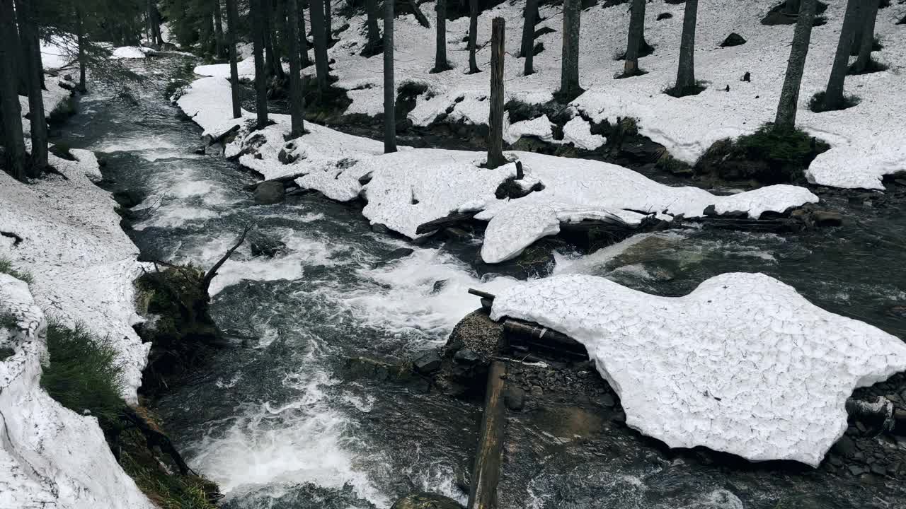 河流水自然瀑布在冬季森林。冬季景观与激流视频素材