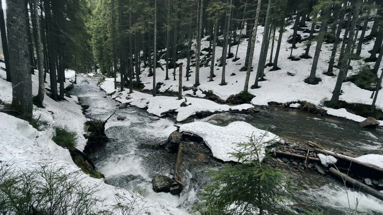 河中自然瀑布水。小河流瀑布在冬天的背景。视频素材