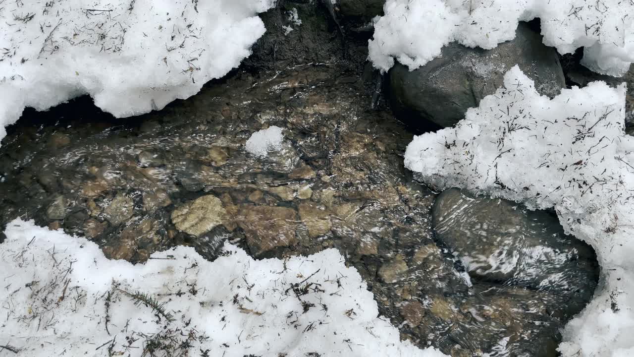 纯净的河流下的冬天的雪。特写溪流寒冷的流动在自然的背景。视频素材