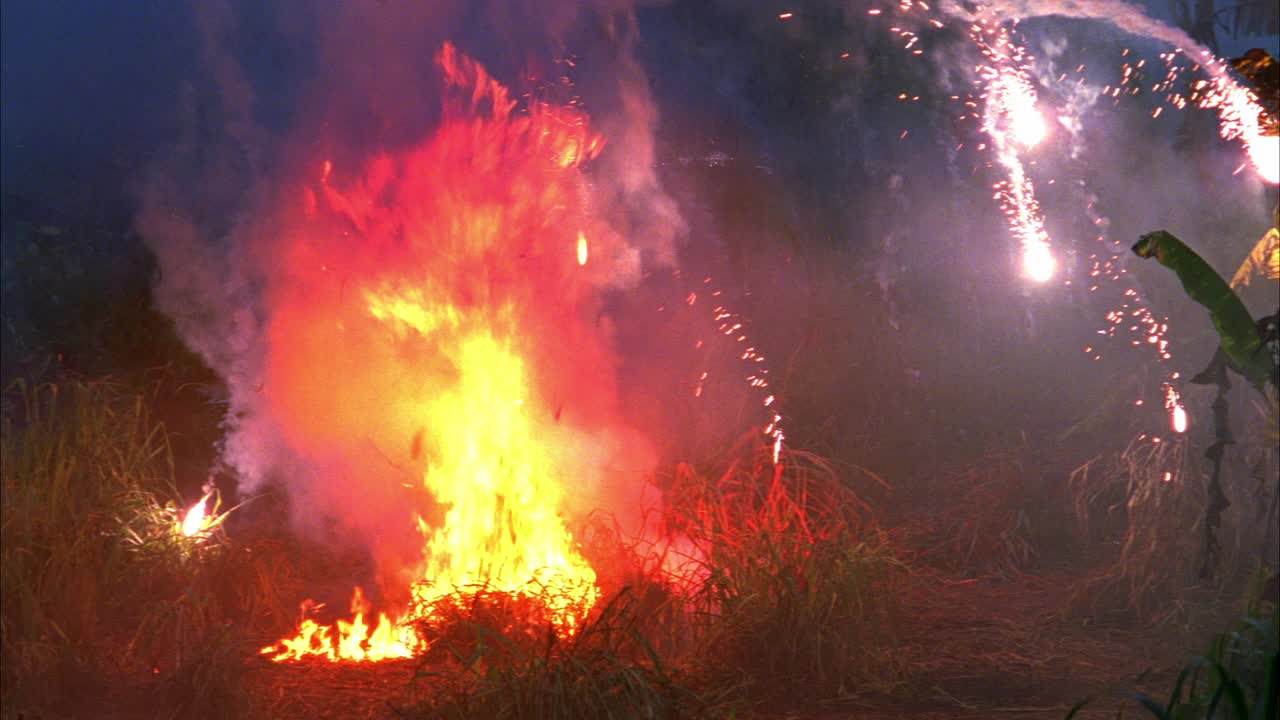 广角的炸弹落下和引爆或爆炸现场。可能在丛林或森林的边缘。烟充满空气。植物和草着火了。视频素材