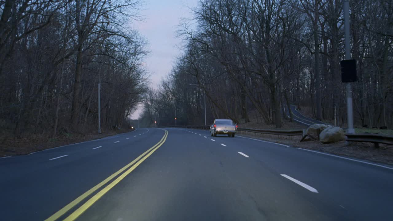 广角驾驶pov直行四车道高速公路或公路。可能在乡村，森林或树林里。看看生锈的护栏和街道两边光秃秃的树枝。可能是冬末或早春。看经典的汽车与头利视频素材