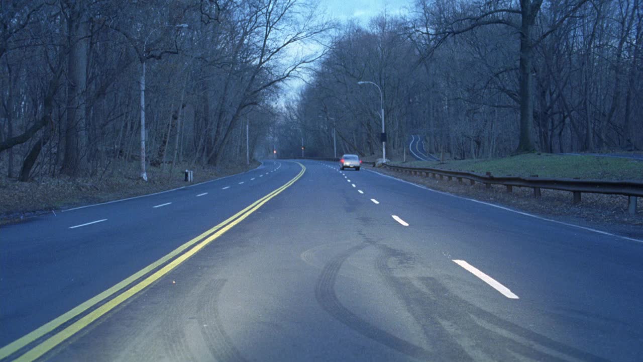 广角驾驶pov直行四车道高速公路或公路。可能在乡村，森林或树林里。看看生锈的护栏和街道两边光秃秃的树枝。可能是冬末或早春。看经典的汽车与头利视频素材