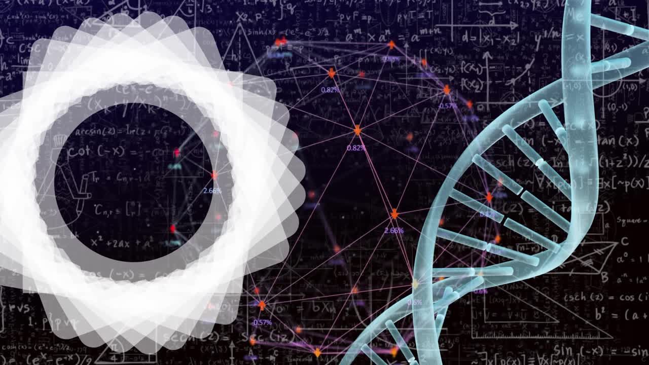 连接网络的动画，数学方程和dna链在黑色的背景视频素材