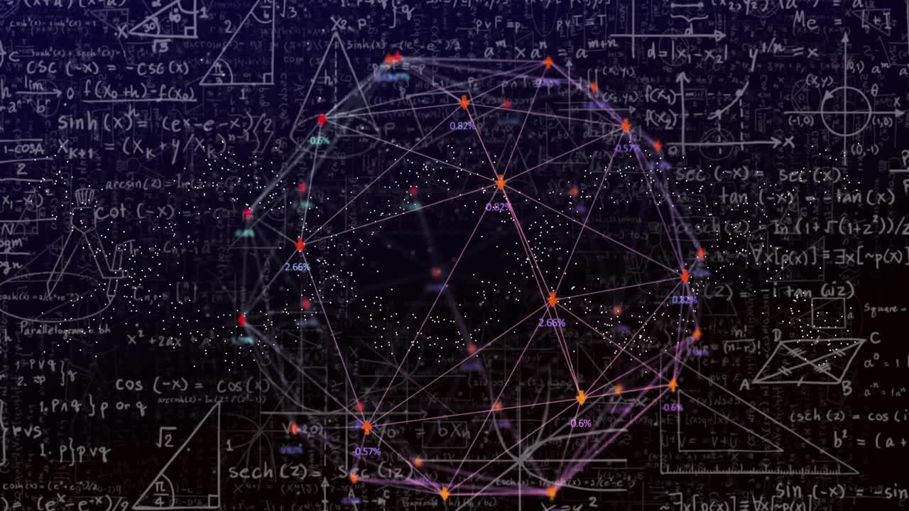 连接网络的动画，数学方程和dna链在黑色的背景视频素材