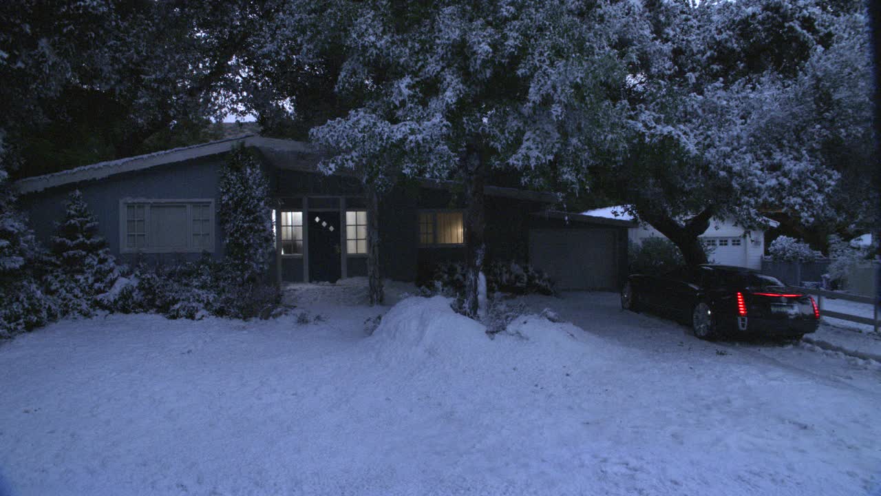 广角的卡迪拉克汽车停在积雪覆盖的车道上。中产阶级，一层平房。郊区地区。前院，街道，还有被雪覆盖的树木。住宅区域。可能是在郊区。视频素材