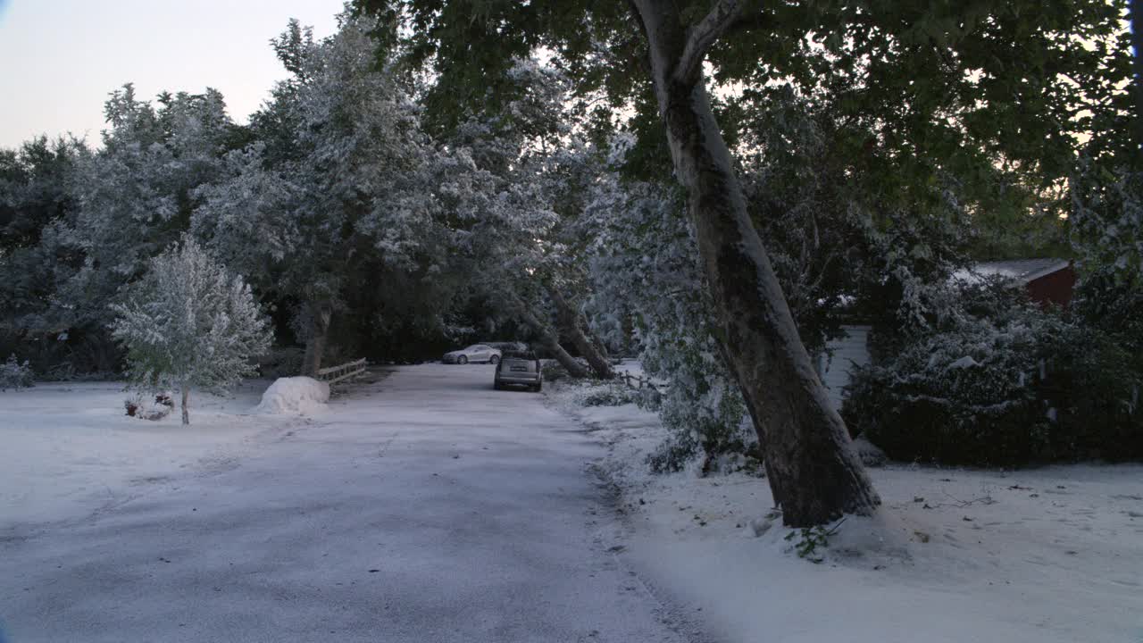 从积雪覆盖的住宅区街道右至左，两门凯迪拉克车沿着街道行驶，转入车道。中产阶级，一层平房。郊区地区。前院，街道，还有被雪覆盖的树木。视频素材