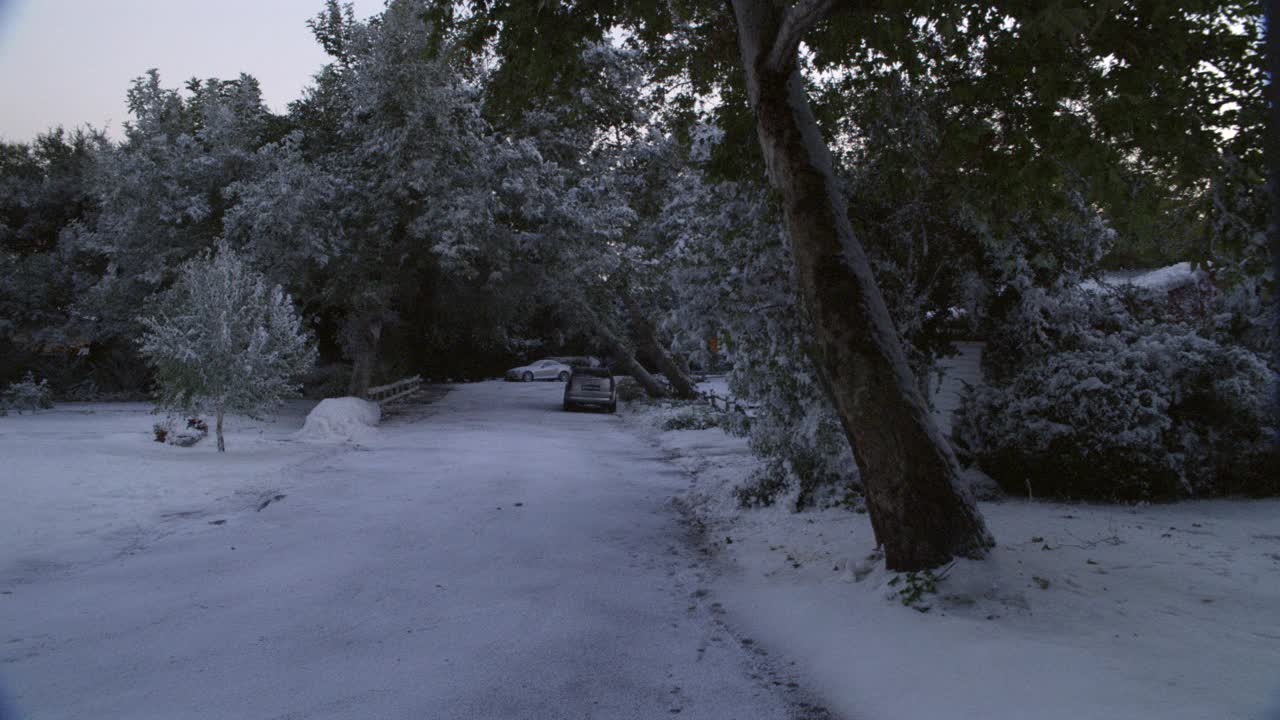 从积雪覆盖的住宅区街道右至左，两门凯迪拉克车沿着街道行驶，转入车道。中产阶级，一层平房。郊区地区。前院，街道，还有被雪覆盖的树木。视频素材