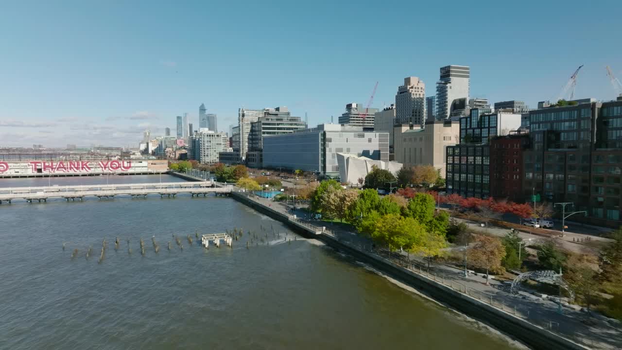 向前飞在城市的滨水区。熙熙攘攘的多车道西街，秋日枝繁叶茂。曼哈顿，美国纽约市视频素材