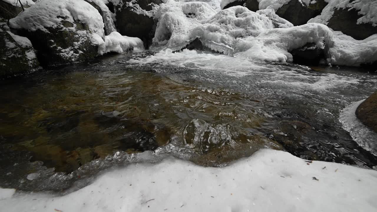 冬天的急流穿过冰雪覆盖的岩石。松树林中结霜的河流。纯水晶饮用水视频素材