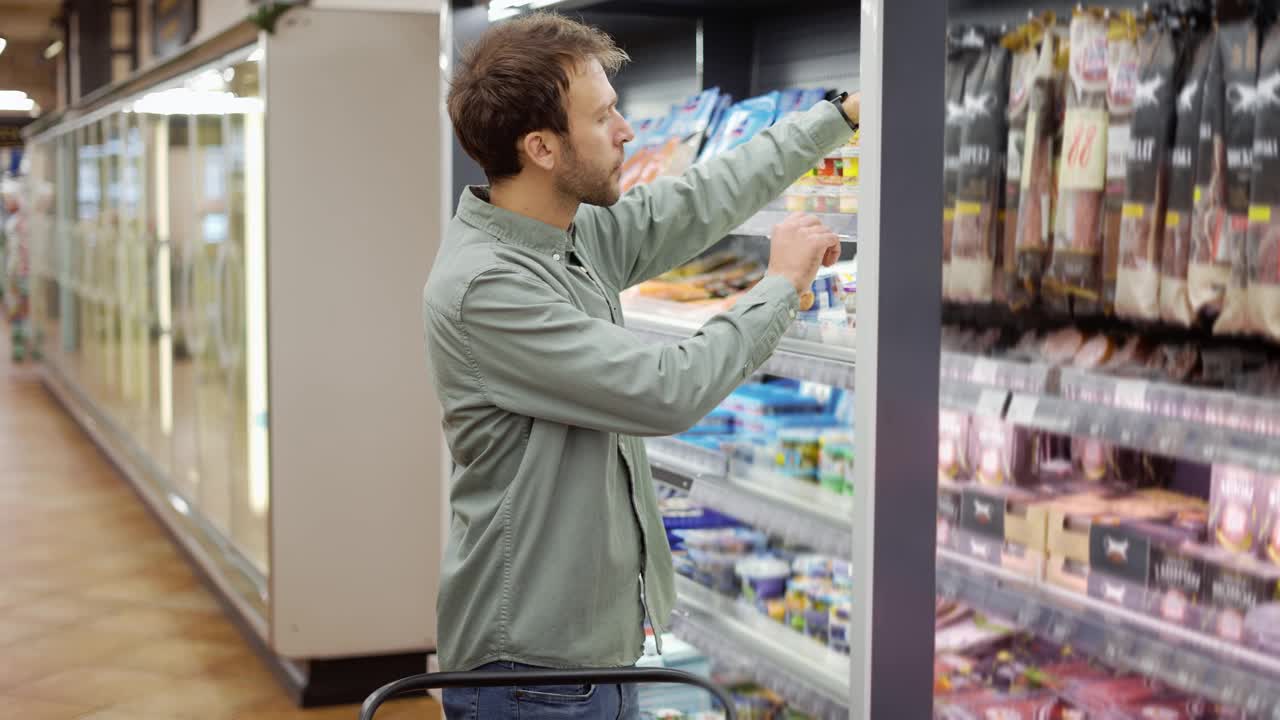 穿衬衫的男人推着购物车穿过超市，在冰箱里挑选食品视频素材