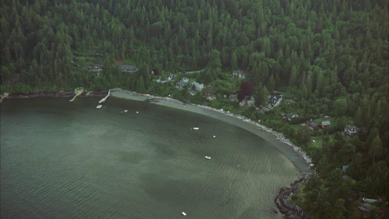 在海岸或岛屿海岸线上空的空中飞行。被树木或森林覆盖的岛屿。可见上层阶级的房子。船在水里。可能是湖泊或海湾。视频素材