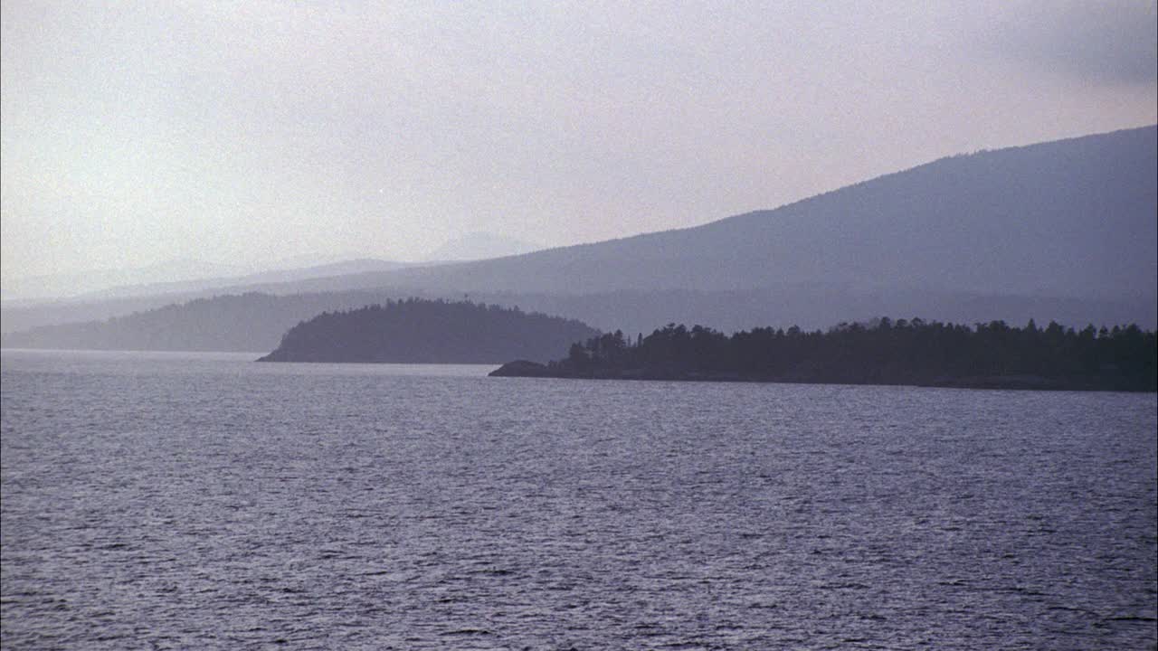 被树木或森林覆盖的岛屿的天线。山脉。水包围的岛屿。可能是海湾、湖泊或海洋。视频素材