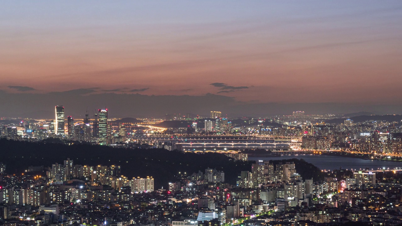 韩国首尔，大峙岛和汝矣岛区/永登浦区、瑞草区和荣山区附近的市中心区全景视频素材