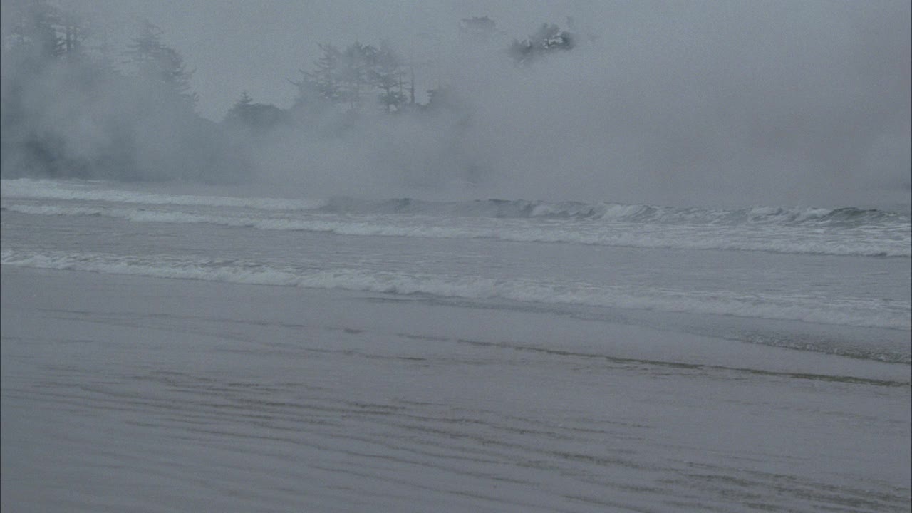 从右到左的海浪撞击海滩或海岸到餐桌上的蜡烛在海浪中设置。餐桌已摆好。镜头继续平移到沙滩上的吊灯上。怪异的。雾蒙蒙的,阴暗的。bg的树木和岩石海岸。超现实主义。视频素材