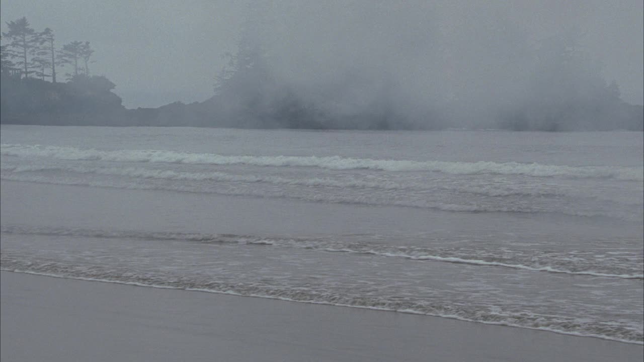 从右到左的海浪撞击海滩或海岸到餐桌上的蜡烛在海浪中设置。餐桌已摆好。镜头继续平移到沙滩上的吊灯上。怪异的。雾蒙蒙的,阴暗的。bg的树木和岩石海岸。超现实主义。视频素材