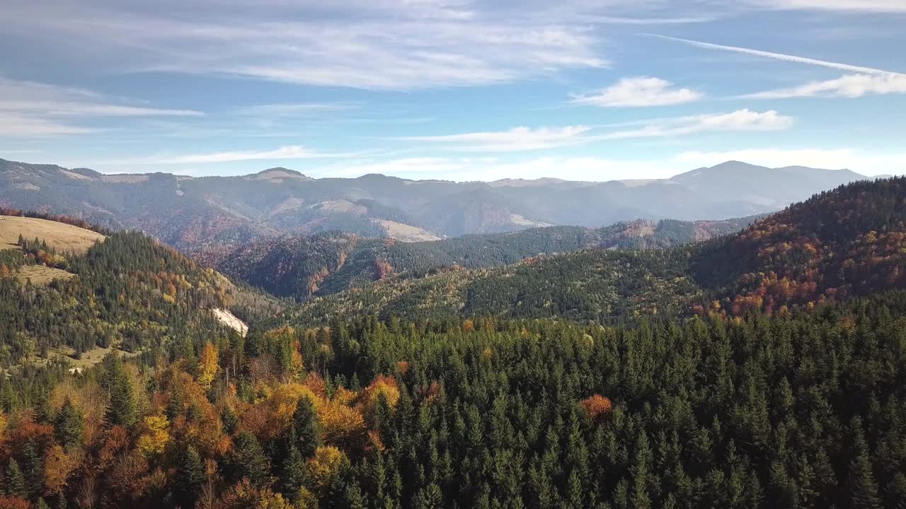 鸟瞰秋日的山景，长青的松树和黄色的秋天森林，远处有神奇的山脉。视频素材