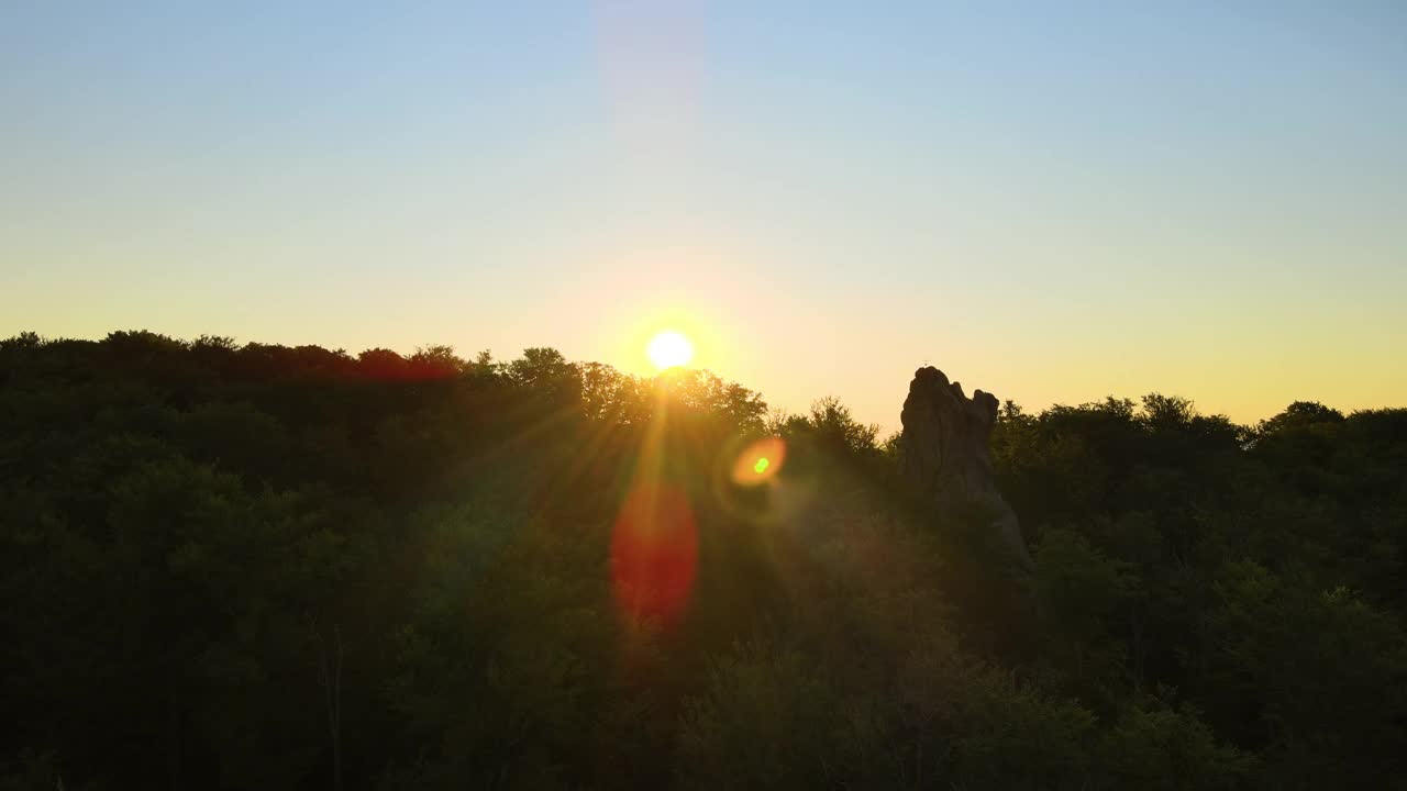 在温暖的夏季日出时，鸟瞰明亮的雾蒙蒙的早晨在黑暗的森林树木上。黎明时分的野生森林的美丽景色视频素材