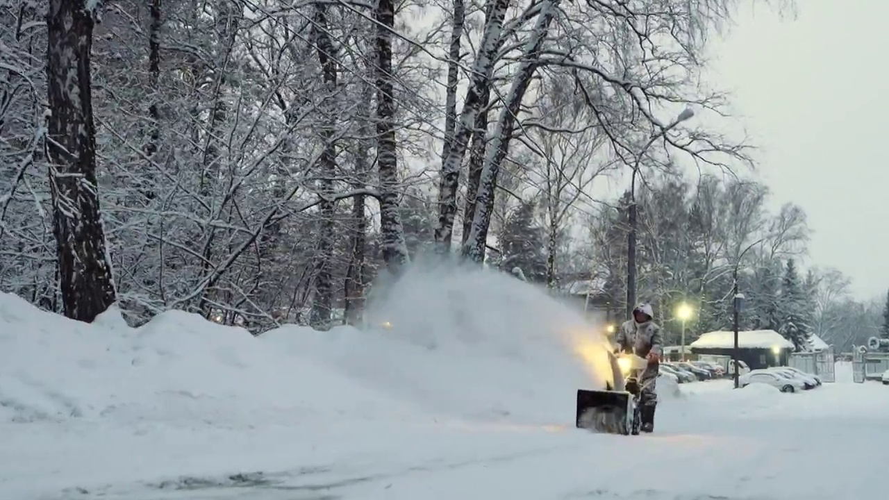 冬天，积雪覆盖的男子用吹风机和除雪设备清洁道路视频素材