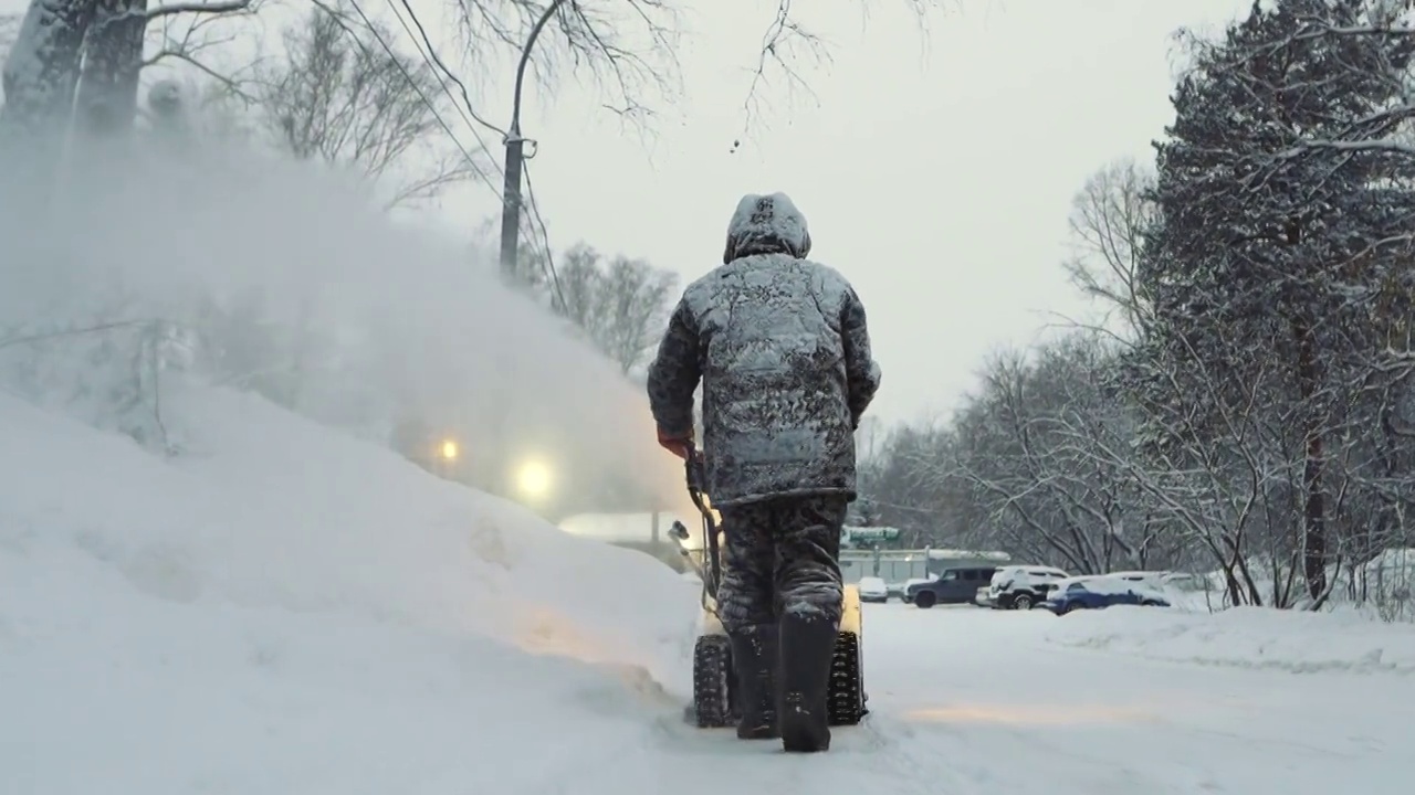 冬天，积雪覆盖的男子用吹风机和除雪设备清洁道路视频素材