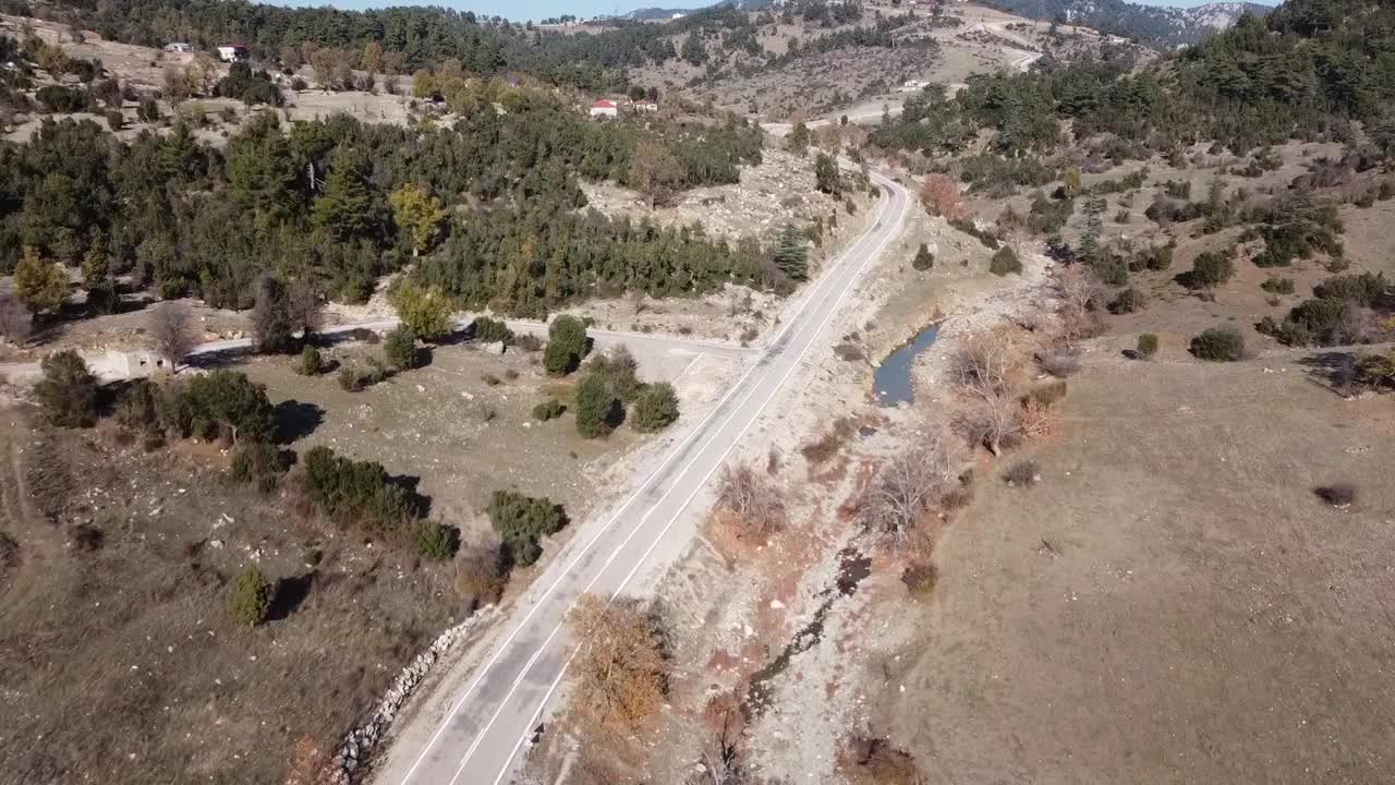 在森林的柏油路上用无人机飞行。视频素材