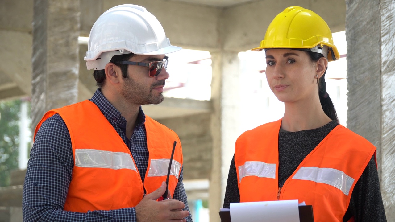 建筑师男子用对讲机呼叫工头妇女来到村里的建筑工地与平板电脑讨论。承包商工人与建造商一起检查。工程师在车间握手视频素材