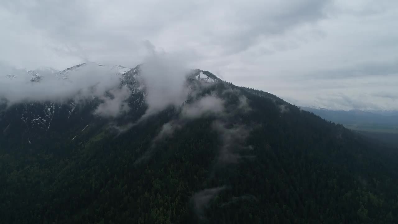 雾蒙蒙的山地景观，冷杉林和复古复古潮人风格，拜加尔斯克。Snezhnoe湖。视频素材