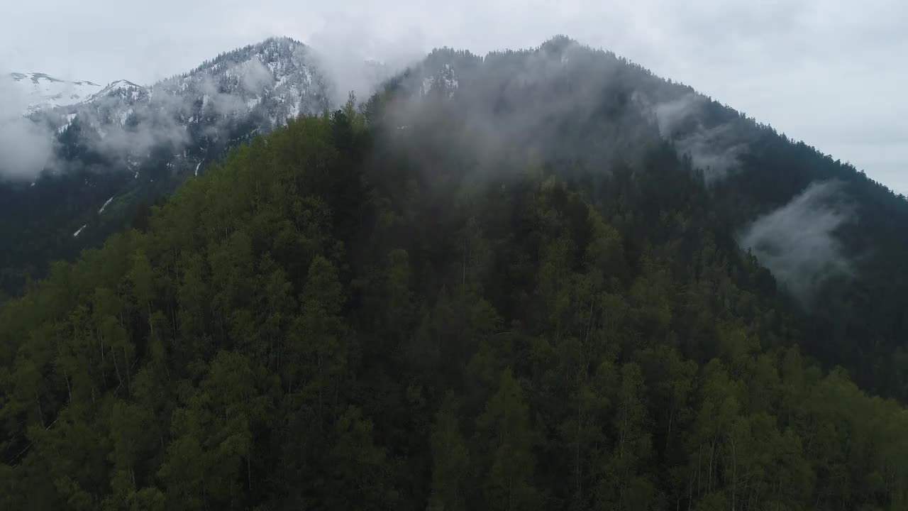 雾蒙蒙的山地景观，冷杉林和复古复古潮人风格，拜加尔斯克。Snezhnoe湖。视频素材