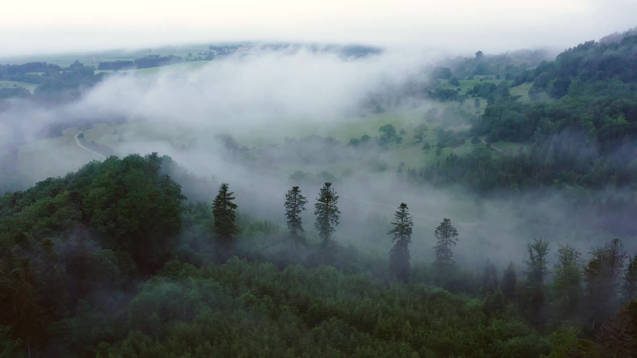 空中拍摄的美丽镜头，在山上有雾的天气，无人机飞过绿树-比辛根，德国视频素材