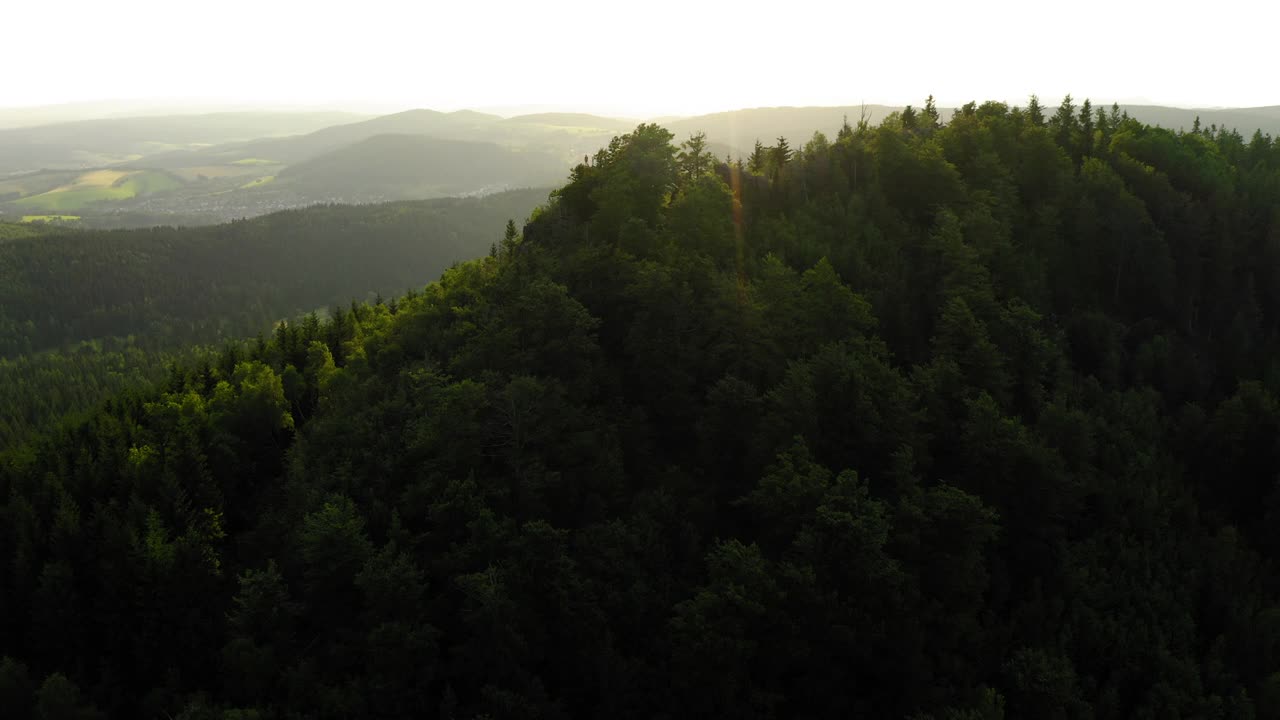 空中前进美丽的镜头绿色的自然山，无人机飞行在树上-图林根，德国视频素材