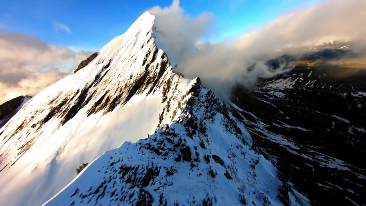 空中前进美丽的镜头，树在雪山顶对着天空-萨瓦，法国视频素材