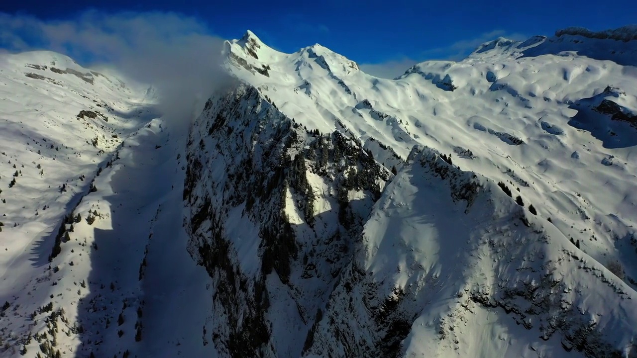 空中前进风景镜头的树在雪山顶上对抗多云的天空-萨瓦，法国视频素材