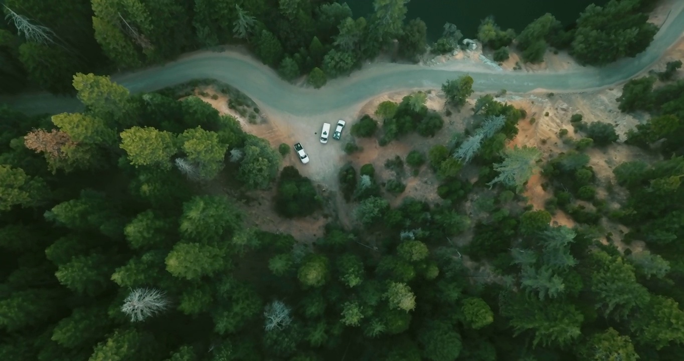 空中顶篷汽车停在宁静的森林道路上，无人机在绿树上向下飞行-布拉格堡，加利福尼亚视频素材