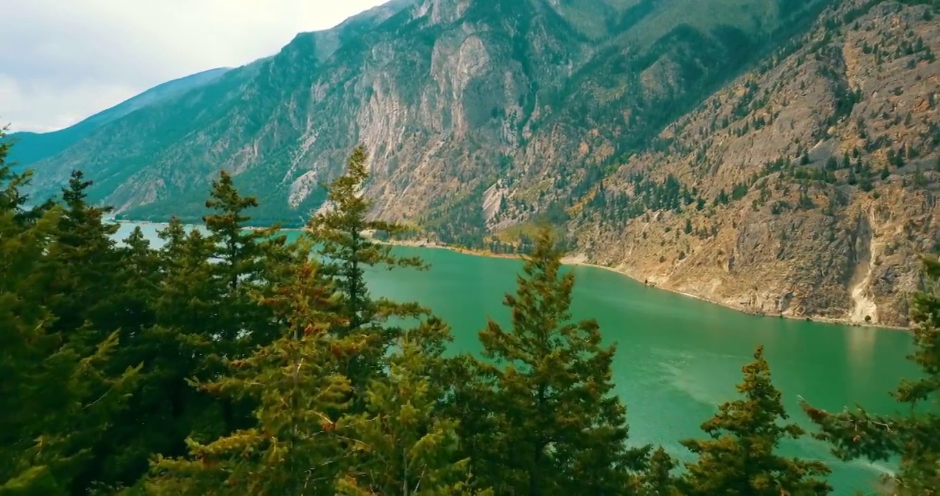 空中风景的河流流过山脉，无人机飞行在绿色的树木-不列颠哥伦比亚省，加拿大视频素材