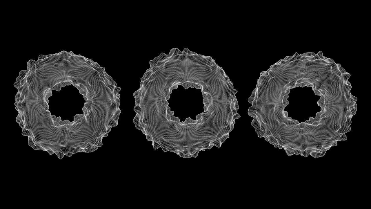 三个变形的圆形。黑色背景，白色格子。抽象动画，3d渲染。视频素材