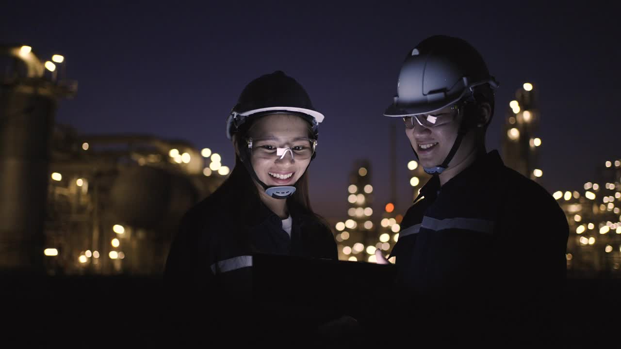 炼油工业工程师在石油和天然气工业工厂，炼油工业工厂工作和讨论。视频素材