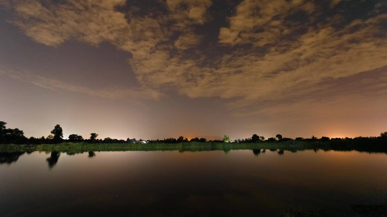 随着时间的推移，夜晚的自然景观湖与移动的云在天空阴沉沉的。视频素材