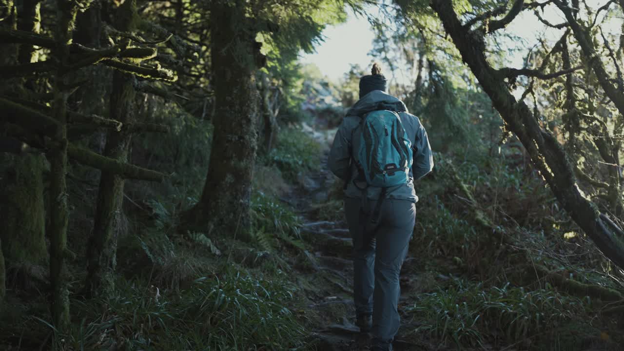 女人在寒冷的冬天户外徒步旅行:挪威的冒险视频素材