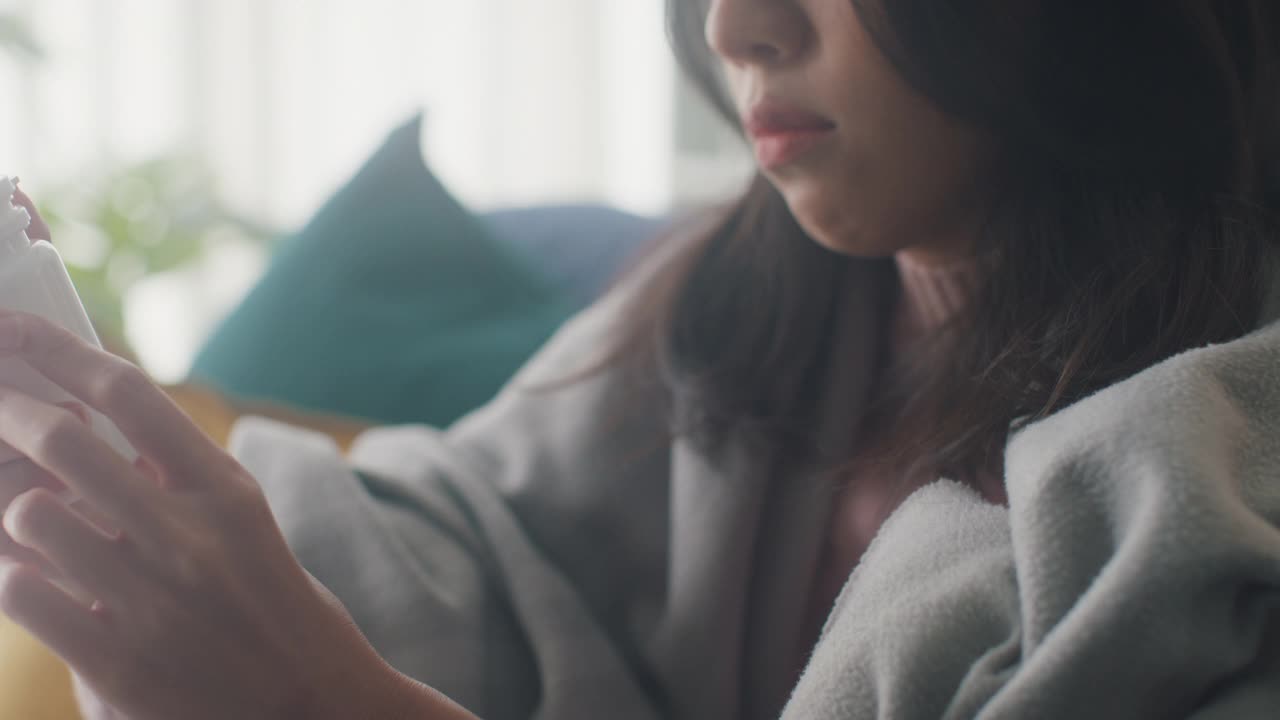 生病的亚洲妇女喝水喝处方药，在家里客厅的沙发上盖着毯子，忍受着头痛或抑郁。近距离射杀。视频素材