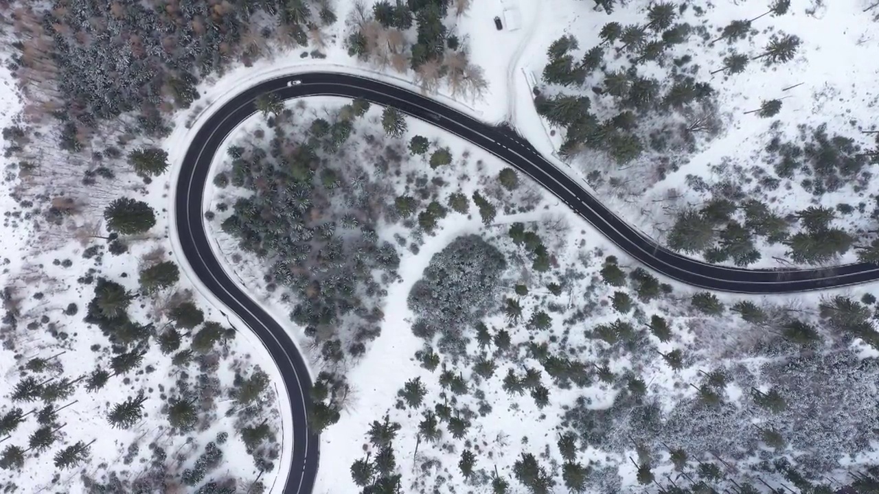 冬季森林中蜿蜒道路的鸟瞰图视频素材