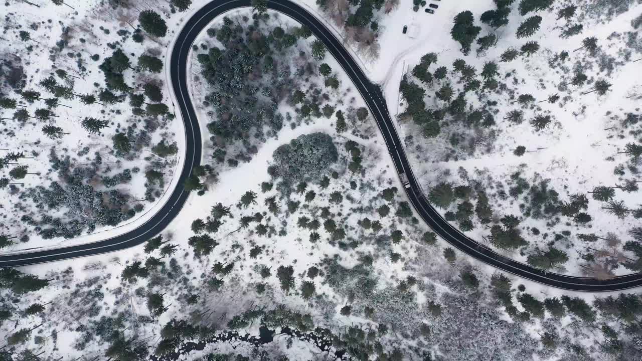 冬季森林中蜿蜒道路的鸟瞰图视频素材