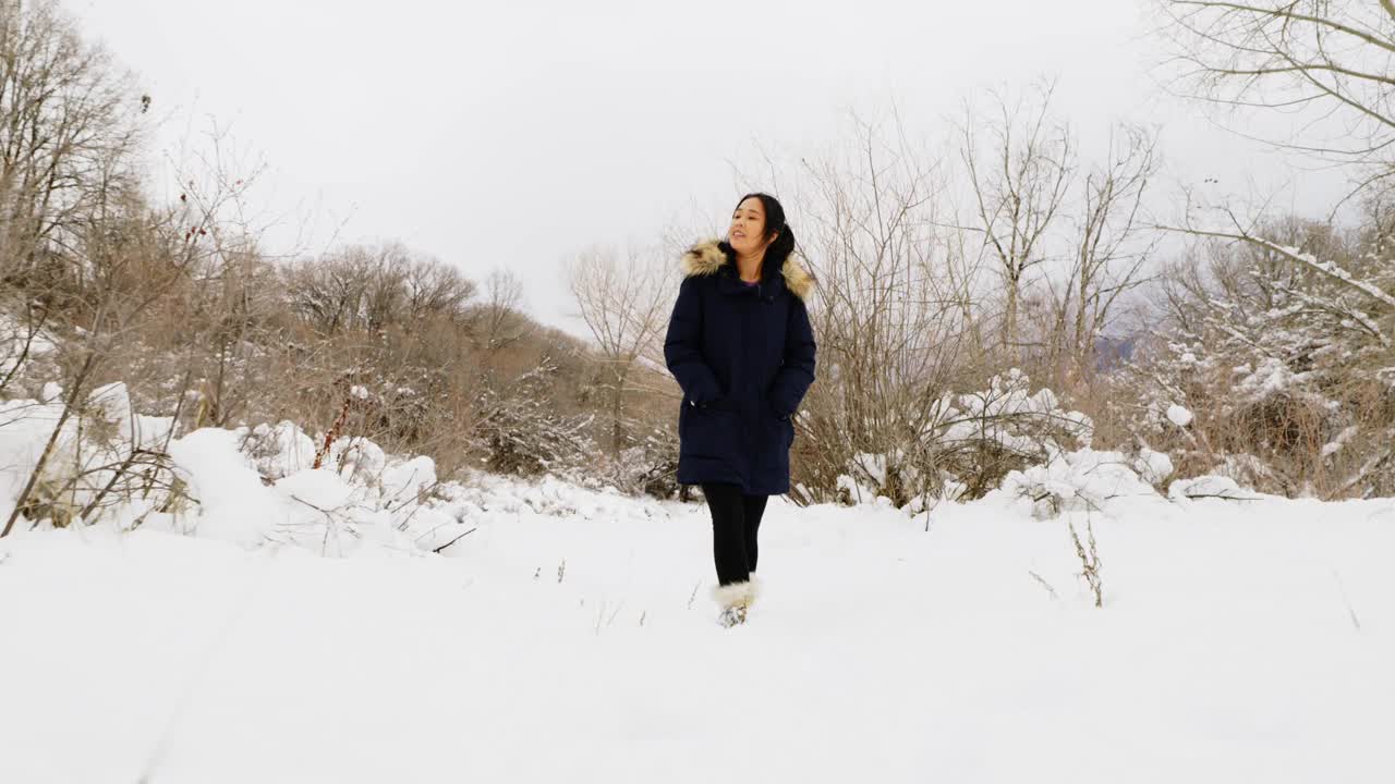 雪中行走的女人视频素材