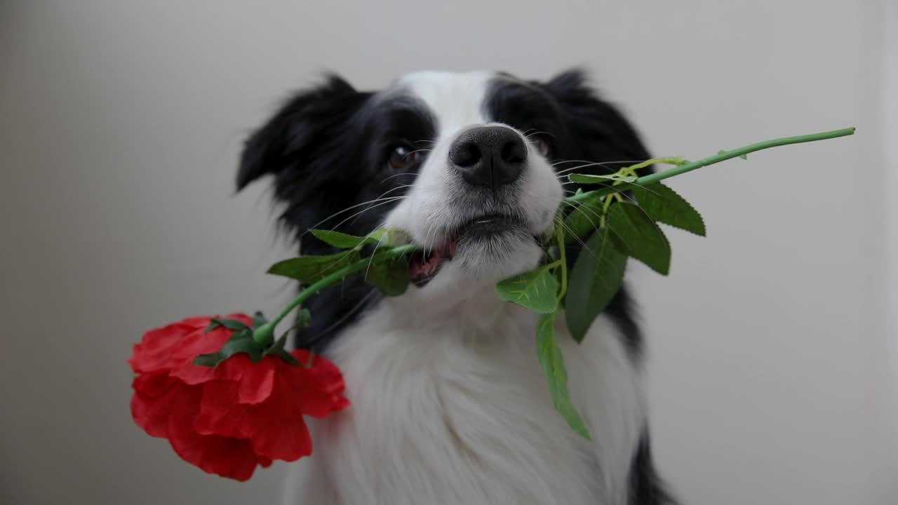 情人节的概念。有趣的肖像可爱的小狗狗边境牧羊犬持有红色玫瑰花在嘴孤立在白色背景。可爱的爱狗在情人节送礼物视频素材