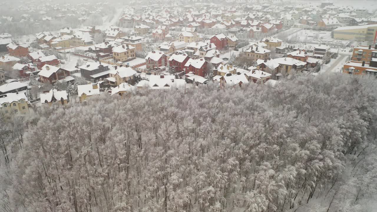 在冬季，森林后面的房地产的高角度视图视频素材