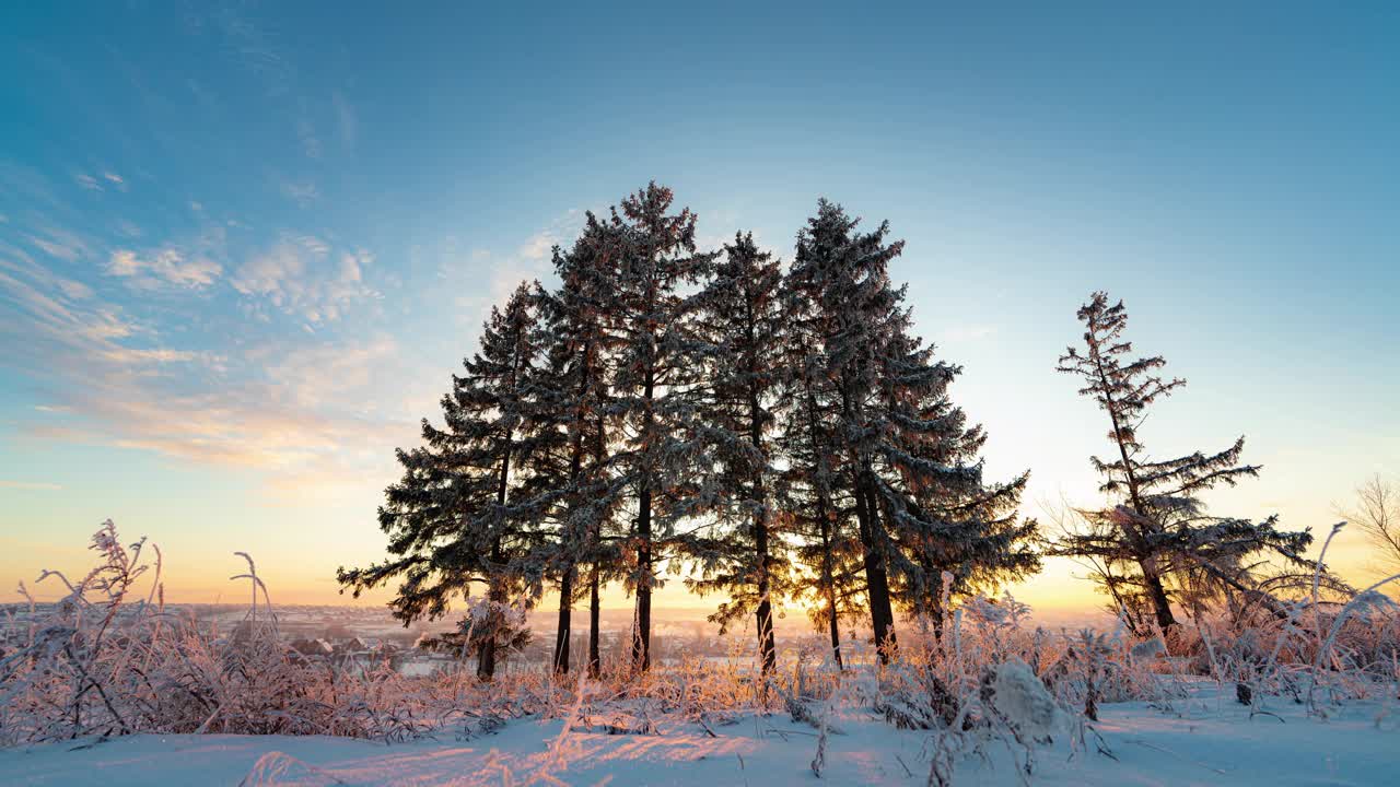 在冰天雪地的森林里，日落时天空的颜色发生了奇妙的变化。冬天的风景,间隔拍摄视频素材