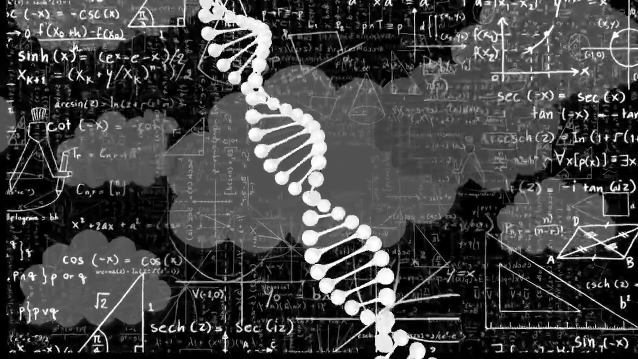 dna链的动画云层和黑色背景上的数学公式视频素材